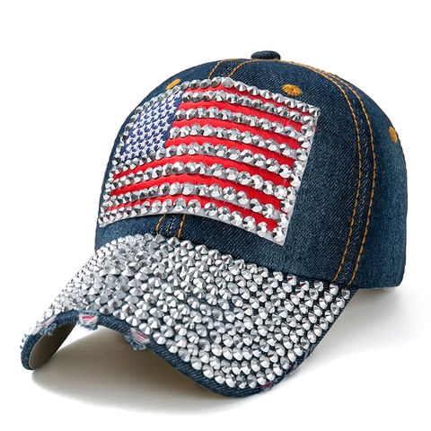 Cappello Da Baseball In Cotone Denim Strass Bandiera Americana Regolabile Moda Bling Estate Cappello Protezione Solare