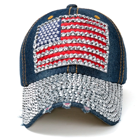 Cappello Da Baseball In Cotone Denim Strass Bandiera Americana Regolabile Moda Bling Estate Cappello Protezione Solare