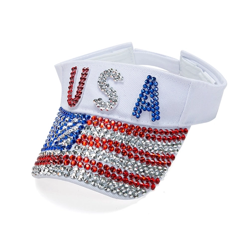 Visiera Parasole Bandiera USA Strass Cappello Regolabile Luccicante Patriottico Lettera Berretto Vuoto Per Donne