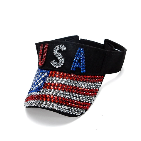 Visiera Parasole Bandiera USA Strass Cappello Regolabile Luccicante Patriottico Lettera Berretto Vuoto Per Donne