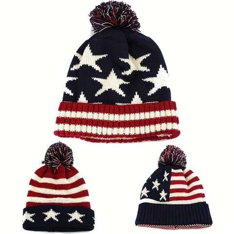 Knitted Beanie Hat Acrylic Warm Winter US UK Flag Pattern Pom Pom For Men Women