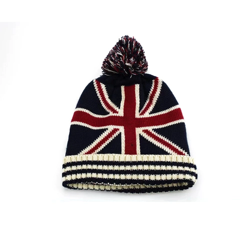 Knitted Beanie Hat Winter Warm Acrylic Pom Pom UK Flag Union Jack Pattern Ribbed Cuff Outdoor Sport Cap Men Women