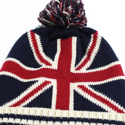 Knitted Beanie Hat Winter Warm Acrylic Pom Pom UK Flag Union Jack Pattern Ribbed Cuff Outdoor Sport Cap Men Women