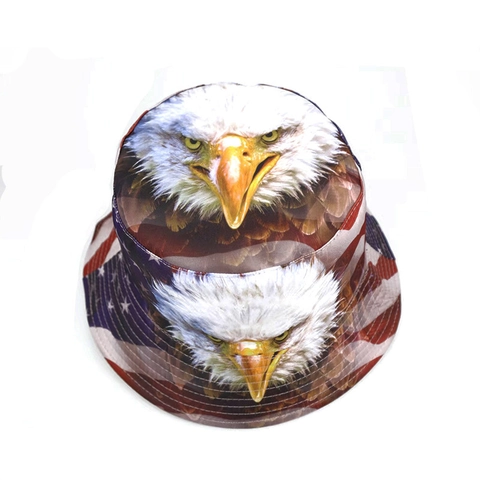 Bob En Polyester Imprimé Drapeau Américain Aigle À Tête Blanche Bord Large Pare-Soleil Extérieur Versatile