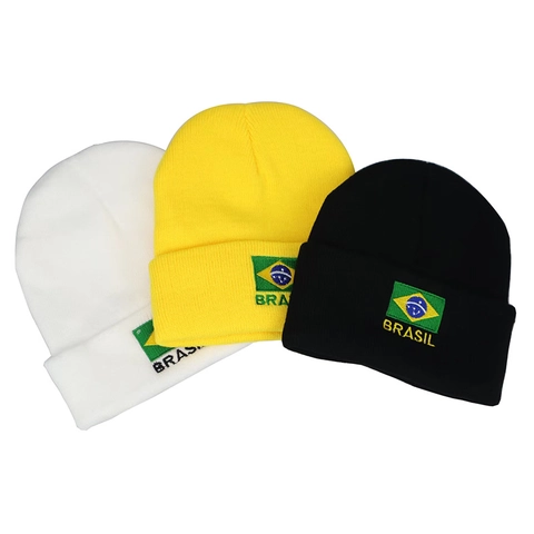 Brasilien Flagge Stickerei Strickmütze Acryl Winter Warm Outdoor Umschlagmütze Für Herren Damen Unisex