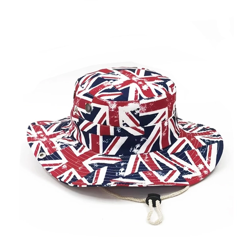Wide Brim Bucket Hat Polyester Sonnenschutz Outdoor Wandern Boonie Hut Mit Verstellbarer Schnur UK US Flagge Druck Neuheit