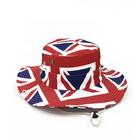 Wide Brim Bucket Hat Polyester Sonnenschutz Outdoor Wandern Boonie Hut Mit Verstellbarer Schnur UK US Flagge Druck Neuheit
