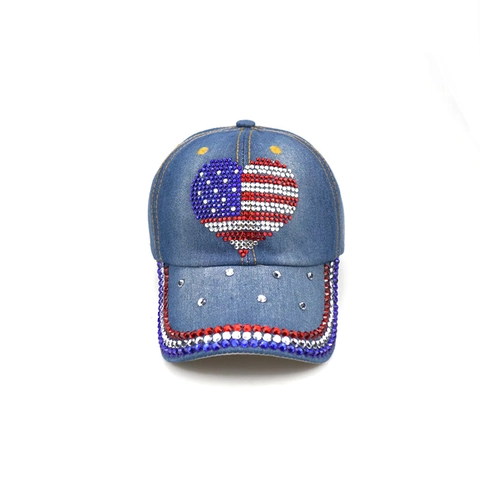 Denim Baseball Kappe Herz Amerikanische Flagge Strass Muster Verstellbar Mode Hip Hop Sonnenhut Für Damen Herren Outdoor
