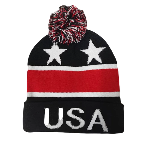Winter Warm Knit Beanie Hat With Pom Pom American Flag Stars Stripes USA Jacquard Acrylic Skull Cap For Men Women Outdoor Casual