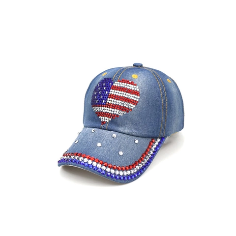 Denim Baseball Kappe Herz Amerikanische Flagge Strass Muster Verstellbar Mode Hip Hop Sonnenhut Für Damen Herren Outdoor