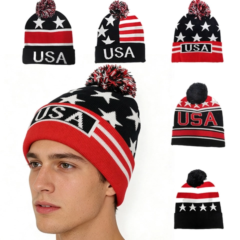 Winter Warm Knit Beanie Hat With Pom Pom American Flag Stars Stripes USA Jacquard Acrylic Skull Cap For Men Women Outdoor Casual