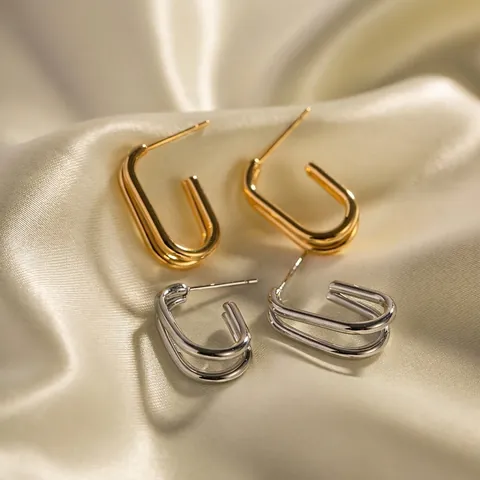 Double Layer Geometric Hoop Earrings 18K Gold Plated Stainless Steel Minimalist U Shaped INS Style Fashion For Women