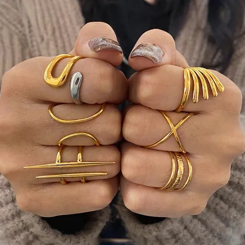 Stainless Steel Irregular Geometric Rings For Women Minimalist Open Adjustable Jewelry Waterproof Hypoallergenic Stylish