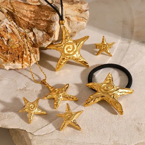 Roestvrij Staal Zeester Sieraden Voor Vrouwen Verguld Goud Zeester Hanger Ketting Oorknopjes Verstelbare Ring Strand Stijl Mode Accessoires