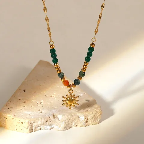 Collar Con Colgante De Sol Acero Inoxidable Chapado En Oro 18K Cuentas Piedra Natural Joyería Retro Bohemio