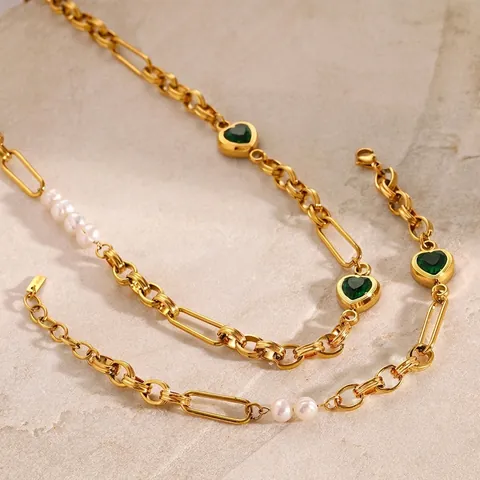Stainless Steel Heart Necklace Bracelet Jewelry With Green Gemstone And White Artificial Pearl Vintage Elegant Niche For Women