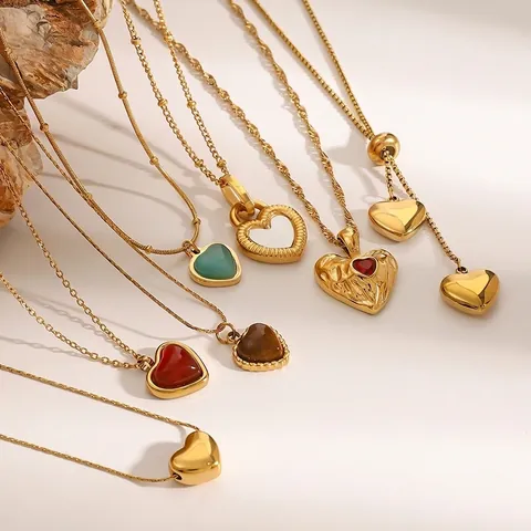 Herz Anhänger Halskette Edelstahl Vergoldet Kunststein Wasserdicht Farbecht Eleganter Modeschmuck Für Damen