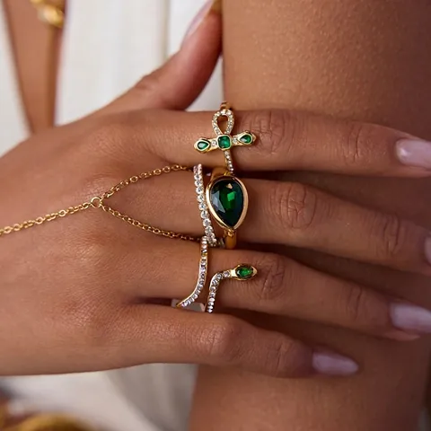 Stainless Steel Snake Ring Hand Harness For Women Emerald Green Zirconia Waterproof Hypoallergenic Vintage Jewelry