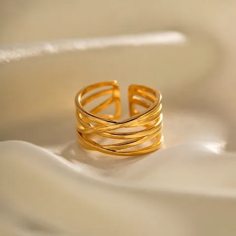 Minimalist 18K Gold Plated Stainless Steel Multi Layer Cross Open Ring For Women Trendy Geometric Stackable Finger Ring