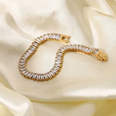Bracciale in Acciaio Inossidabile con Strass Baguette Lusso Leggero Francese per Donna Elegante Catena a Maglie Geometriche Placcata Oro