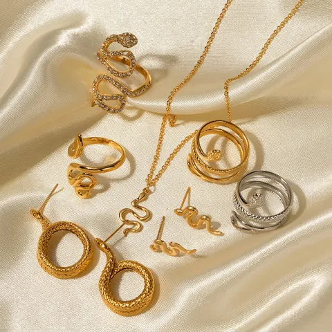 Edelstahl 18K Vergoldeter Schlangen Schmuck Für Damen Strass Wrap Offener Ring Tier Schlange Anhänger Halskette Geschenk