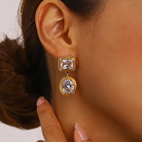 Geometric Cubic Zirconia Dangle Earrings For Women Stainless Steel Waterproof Hypoallergenic Luxury Vintage Style Gold