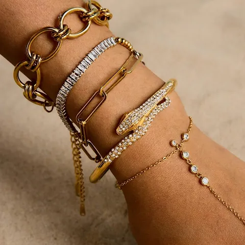 Stainless Steel Snake Bangle And Cuban Link Chain Bracelets Zircon Gold Plated Waterproof Fashion Jewelry For Women