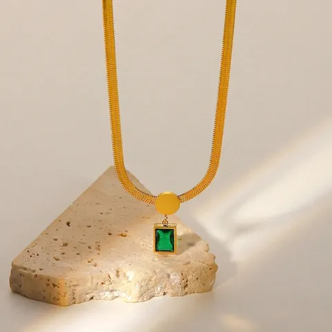 Stainless Steel Necklace With Green Square Zircon Emerald Pendant 18K Gold Plated Retro Snake Chain For Women