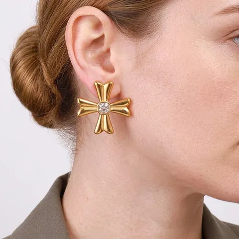 Pendientes De Botón De Cruz De Acero Inoxidable Con Circón Claro Lujo Vintage Geométrico Impermeable Para Mujeres