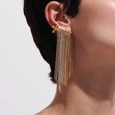 Stainless Steel Tassel Ear Cuff Gold Silber Zweifarbig Lange Kette Wasserfall Clip On Ohrringe Punk Schmuck