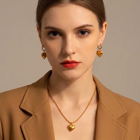 Collar Con Colgante De Corazón De Acero Inoxidable Bañado En Oro De 18K Cadena De Bolas Retro Joyería Para Mujer
