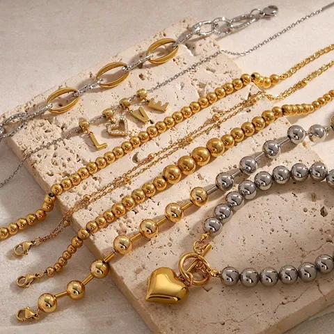 Bracciale Perline Acciaio Inossidabile Oro Argento Bicolore Pendente Cuore Lettera LOVE Malocchio Perla Artificial Gioielli