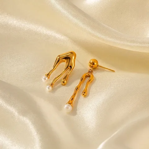 Pendientes Colgantes Asimétricos Chapados En Oro De 18K Acero Inoxidable Perla Artificial Diseño De Lava Fundida Líquida Joyas Mujer