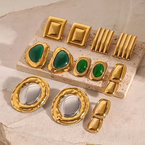 Vintage Geometrische Roestvrijstalen Oorbellen Verguld Overdreven Kattenoog Steen Studs Voor Dames Hypoallergeen
