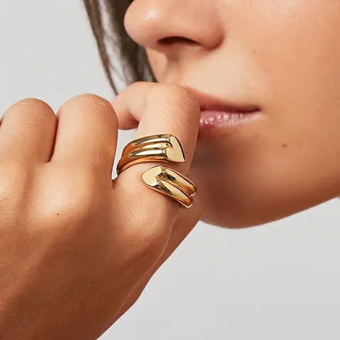 Polished Stainless Steel Ring Heart Shaped Double Layer Wrap Adjustable Open Finger Jewelry For Women