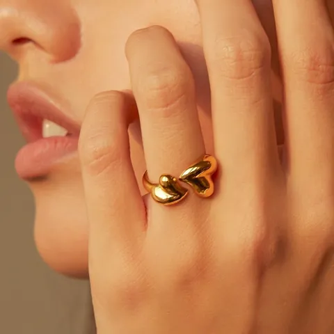 Bague Ouverte Ajustable Double Coeur Plqué Or Acier Inoxydable Bijou Minimaliste Étanche Cadeau Pour Femmes