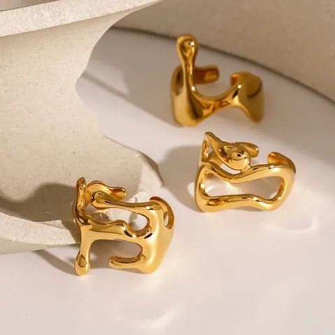 Anello Aperto in Acciaio Inossidabile Esagerato da Donna Placcato Oro Lava Fluida Irregolare Minimalista Regolabile Gioielli alla Moda