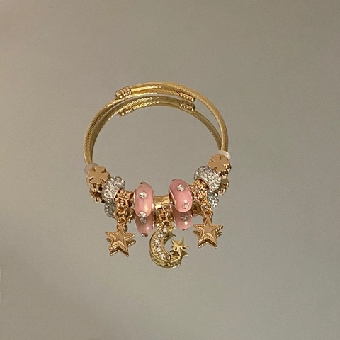 Bracciale Con Ciondoli Stella Luna In Acciaio Inossidabile Elegante Perline Bangle Multistrato Con Strass Per Donna