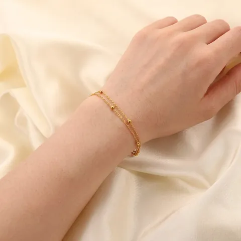 Pulsera De Doble Capa Con Cuentas Chapada En Oro De 18K Acero Inoxidable Impermeable Joyería Minimalista Ajustable Para Mujer
