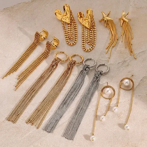Stainless Steel Tassel Fringe Earrings With Artificial Pearls Rhinestones Long Geometric Dangle Waterproof Hypoallergenic Women