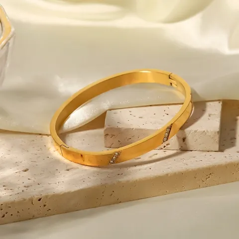 Bracciale Rigido Acciaio Inossidabile Placcato Oro 18K Texture Diagonale Zircone Bianco Incastonato Stile INS Elegante Da Donna