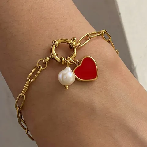 Stainless Steel Bracelet 18K Gold Plated Red Heart Enamel Pendant Artificial Pearl Paperclip Chain Elegant Jewelry For Women