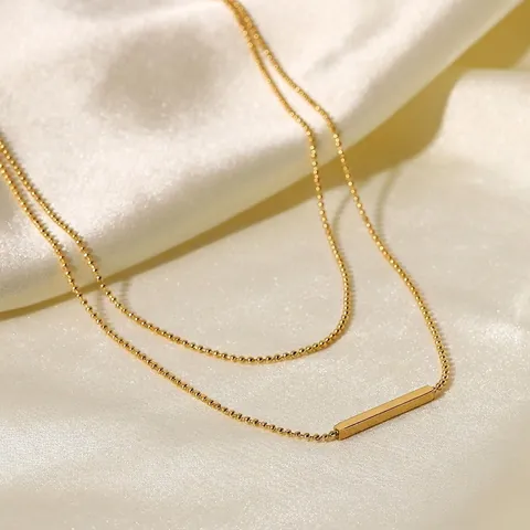18K Gold Plated Stainless Steel Double Layer Necklace With Minimalist Bar Pendant And Ball Chain Jewelry For Women