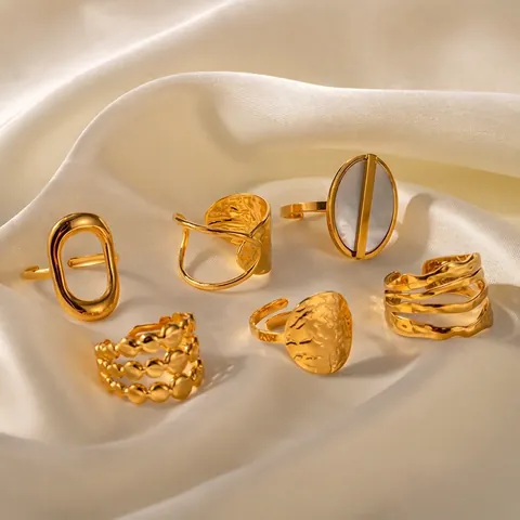 Anillos Abiertos De Acero Inoxidable Para Mujer Textura De Lava Irregular Diseño De Onda Geométrica Con Incrustación De Concha Joyería Retro