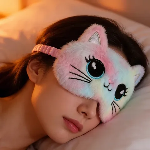 Cute Cartoon Cat Plush Sleep Eye Mask Soft Embroidered Blackout Breathable Blindfold With Elastic Strap For Travel Home