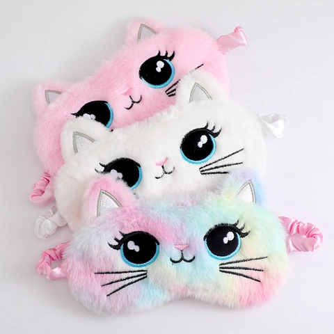 Cute Cartoon Cat Plush Sleep Eye Mask Soft Embroidered Blackout Breathable Blindfold With Elastic Strap For Travel Home