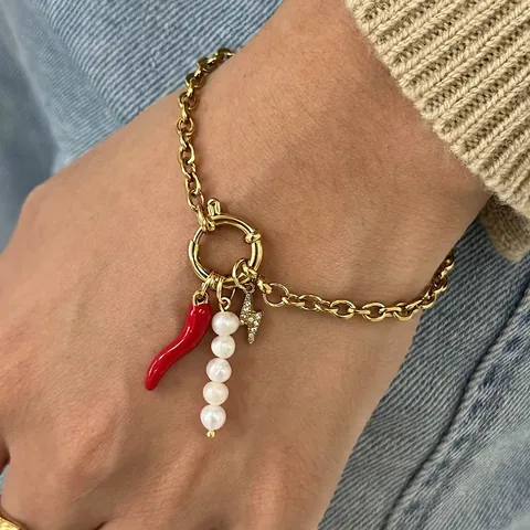 Bracciale con Fibbia da Marinaio in Acciaio Inossidabile Placcato Oro 18K Con Ciondolo Peperoncino Perla Artificiale Strass Fulmine Gioielli Donna