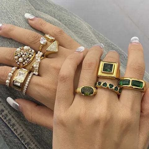 Vintage Roestvrijstalen Ringen Voor Dames Met Groene Zirkoon En Kunstparel Geometrische Sieraden Waterdicht Hypoallergeen Mode