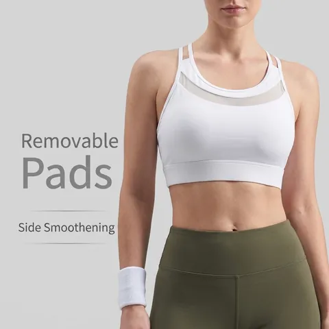 Damen Sport BH Mesh Patchwork Stoßfest Feste Körbe Rückenfrei Dünne Träger Yoga Fitness Oberteil