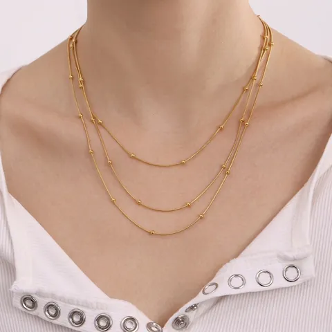 Collier Multi-Rangs En Acier Inoxydable Plaqué Or Avec Perles Rondes Élégantes Bijoux De Mode Pour Femmes